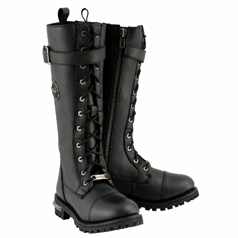 Casual Wear Milwaukee Leather Women's Black 14-inch Lace-Up High-Rise Leather Biker Rider Boots with Calf Buckle MBL9355
