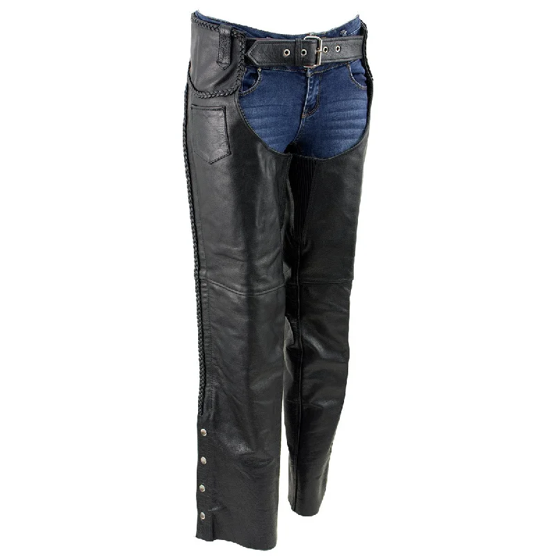 Cozy Apparel Xelement B7556 Women's Black 'Braided' Zippered Motorcycle Leather Chaps