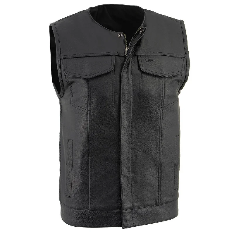 Street Cool Milwaukee Leather LKM3711 Men's Black Leather Collarless Club Style Motorcycle Rider Vest w/ Dual Front Closure