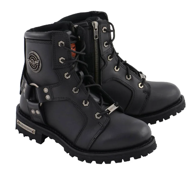 Easygoing Fashion Milwaukee Leather Women's Black Leather 8-Inch Lace-Up Motorcycle Harness Boots with Side Zipper MBL9302