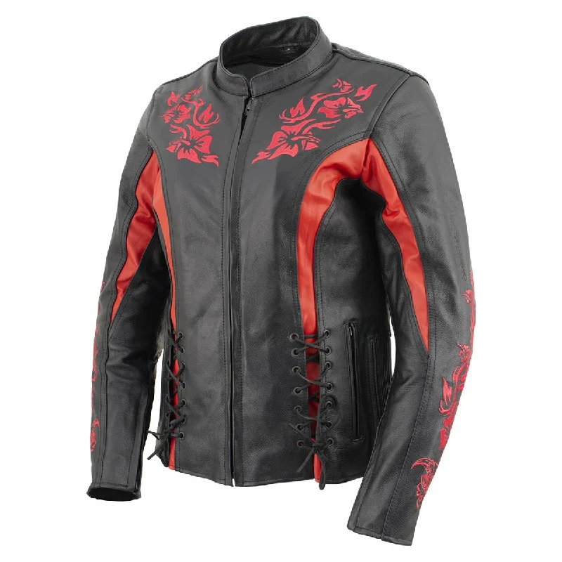 British Style Xelement XS2029 Women's 'Gemma' Biker Black with Red Leather Embroidered Jacket with X-Armor