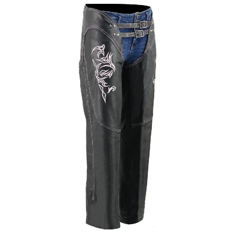 Energy Wear Milwaukee Leather Chaps for Women Black and Pink Low-Rise Waist- Double Buckle Reflective Embroidery Motorcycle Chap- ML1187