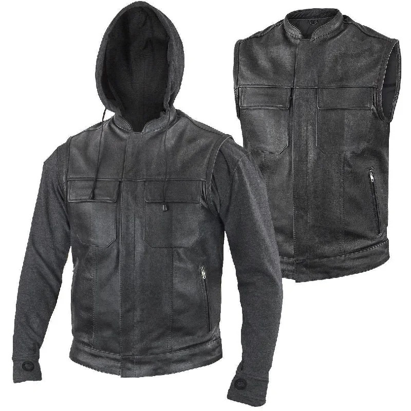 Stylish Wear Xelement BXU1006 Men's 'Jax' Black Leather Motorcycle Hoodie Jacket with Convertible Vest