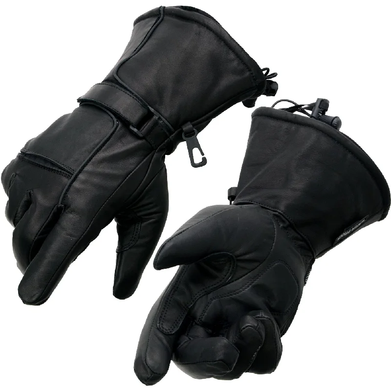 High Street Style Milwaukee Leather Men's Black Soft Leather Gauntlet Motorcycle Hand Gloves-Waterproof Gel Palm Reflective Piping SH873