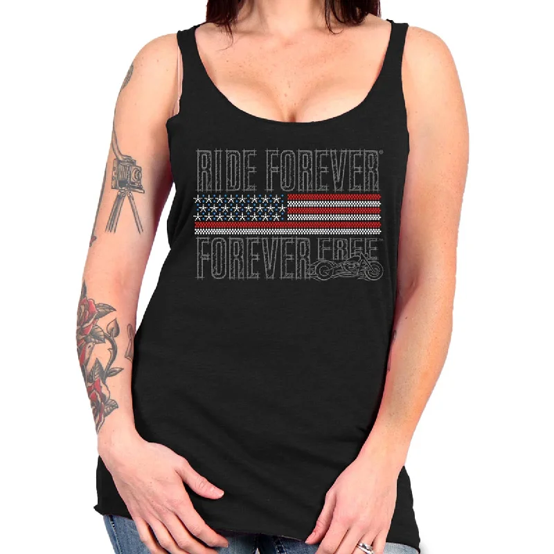 Stylish Ease Hot Leathers GLC2443 Ladies 'Ride Forever, Forever Free' US Flag with Bling Black Tank Top Shirt