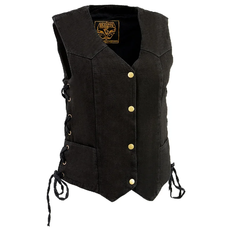 Urban Comfort Milwaukee Leather MDL4001 Women's Black Denim Motorcycle Vest with Side Lace and 4 Snap Front