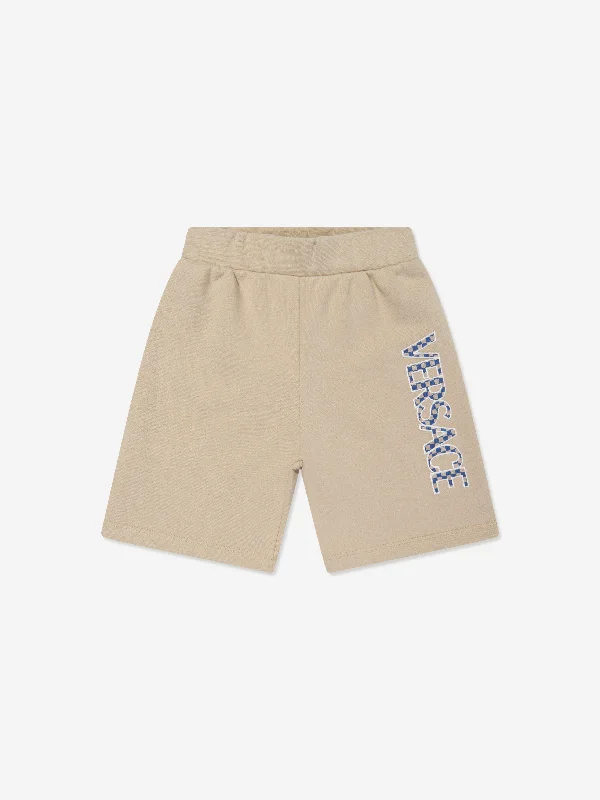 Simple Solid Color Versace Boys Fleece Logo Shorts in Beige
