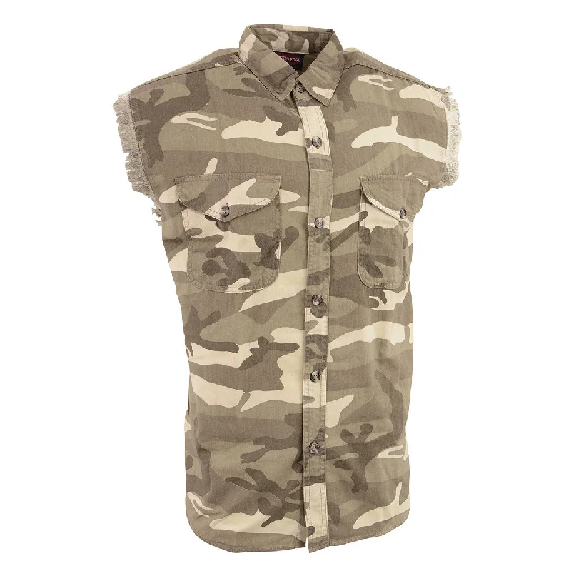 Girl Style Milwaukee Leather DM4009 Men's Sand Lightweight Denim Shirt with with Frayed Cut Off Sleeveless Look