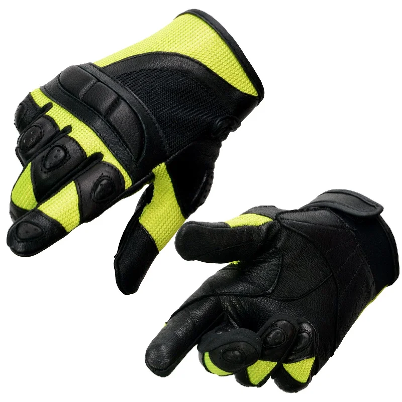 Comfortable Looks Milwaukee Leather MG7740 Women's Black Leather and Neon Green Mesh Racing Motorcycle Gloves W/ Padded Knuckle and Fingers