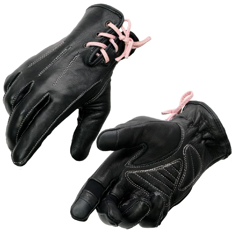Elegant Temperament Milwaukee Leather MG7772 Women's Black/ Fuchsia ’I - Touchscreen Compatible’ Laced Wrist Motorcycle Hand Gloves W/ Gel Palm