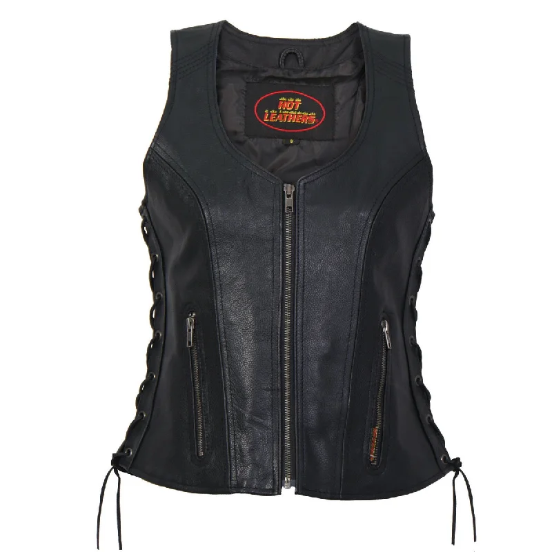 Multifunctional Style Hot Leathers VSL1013 Ladies Black Leather Side Lace Zip-Up Vest