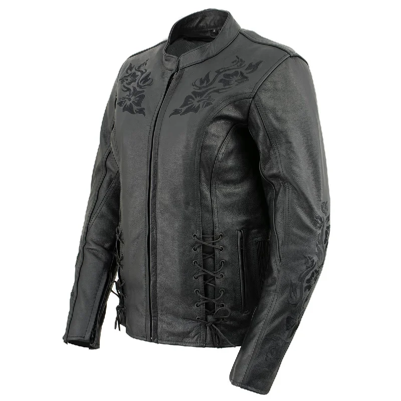Fashionable And Versatile Xelement XS2030 Women's 'Gemma' Solid Black Leather Embroidered Jacket with X-Armor Protection