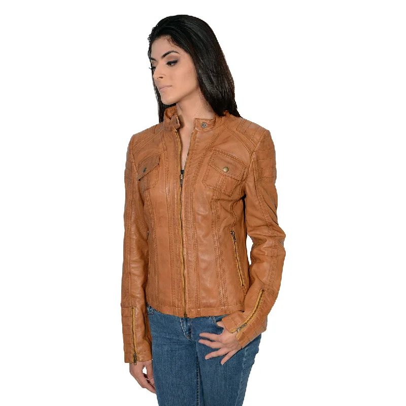 Cozy Sweaters Milwaukee Leather SFL2805 Women's Cognac Quilted Mandarin Collar Fashion Casual Leather Jacket