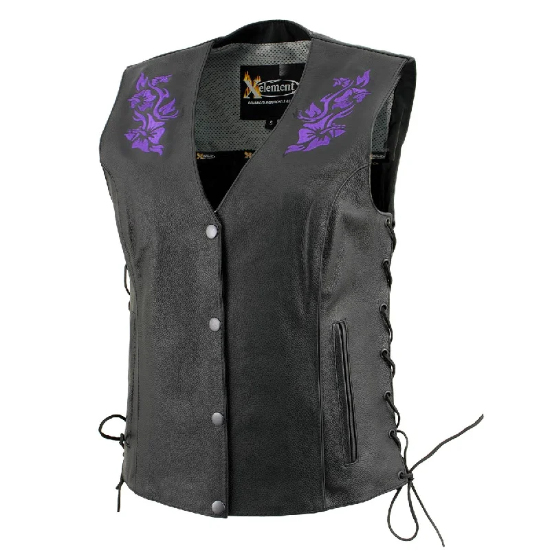 Elegant And Charming Xelement XS24005 Women's ‘Gemma’ Black and Purple Motorcycle Rider Leather Vest with Side Laces