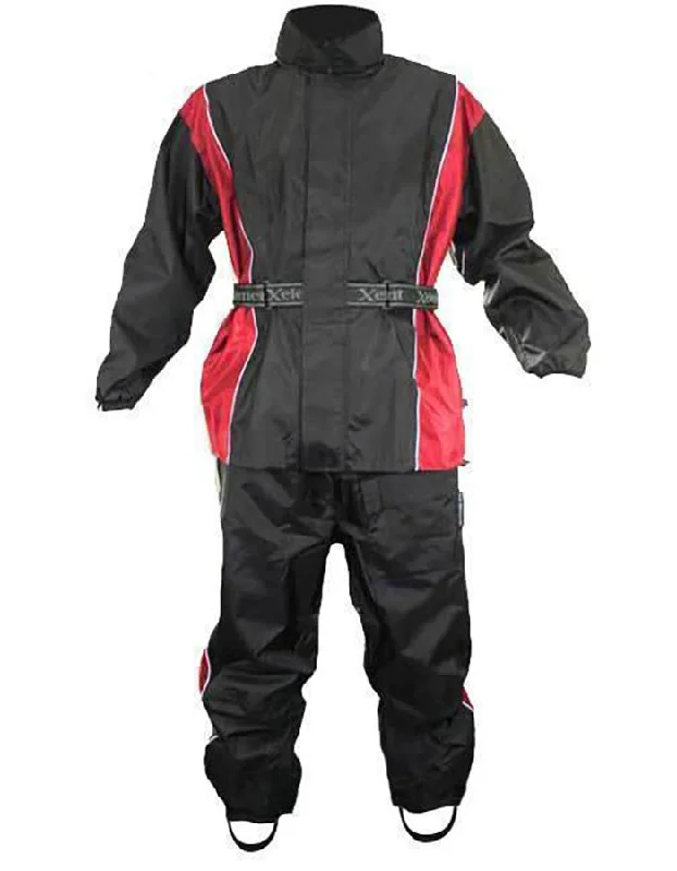 High-end Sense Xelement RN4766 Men's Black and Red 2-Piece Motorcycle Rain Suit with Boot Strap