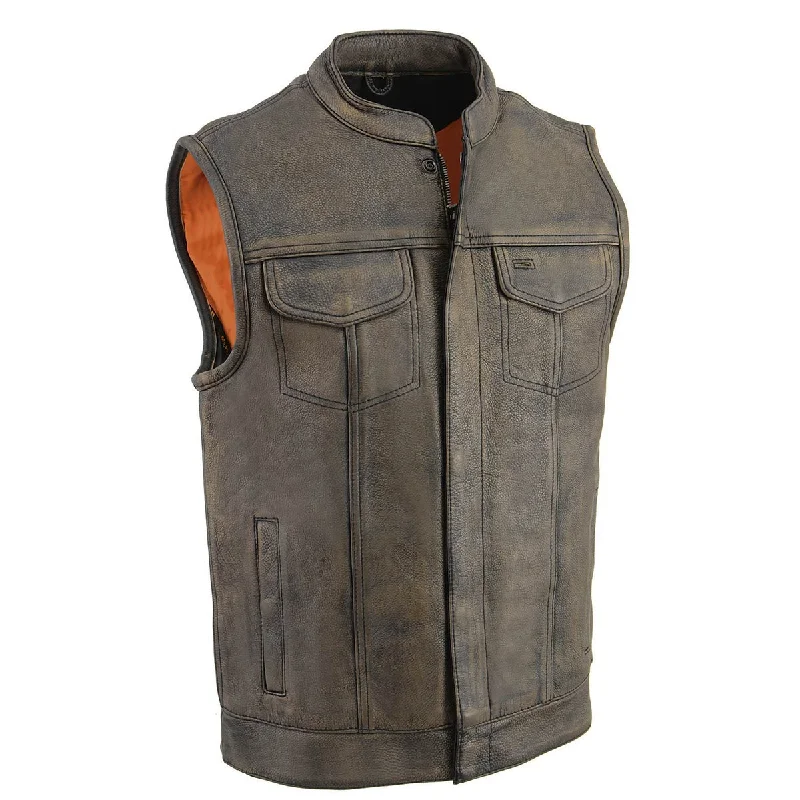 Classic Comfort Milwaukee Leather MLM3510 Men's Black/Beige Premium Leather Club Style Vest - Dual Closure Open Neck Motorcycle Vest