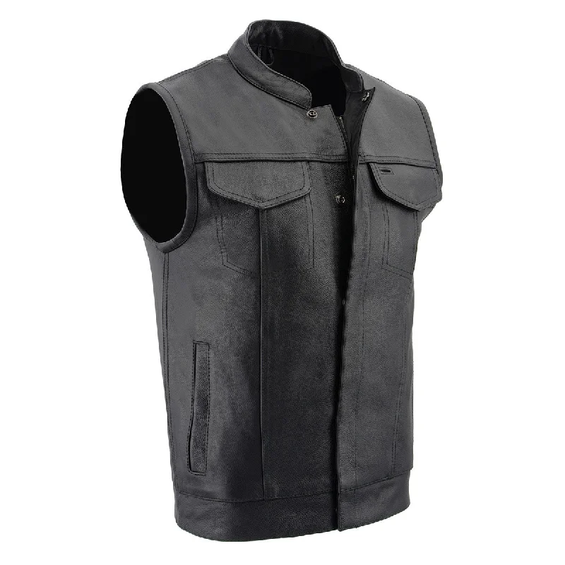 Stretch Design Milwaukee Leather LKM3713 Men's Black Leather Club Style Motorcycle Rider Vest W/ Dual Closure Zipper and Snaps