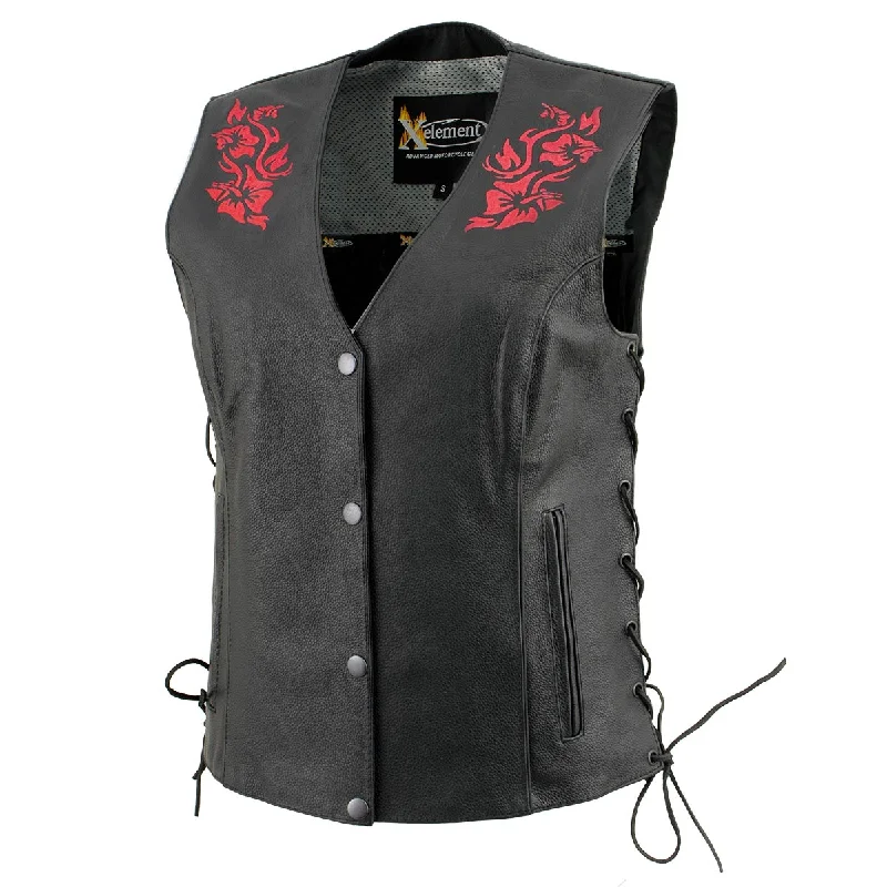 Retro Fashion Xelement XS24006 Women's ‘Gemma’ Black and Red Motorcycle Rider Leather Vest with Side Laces
