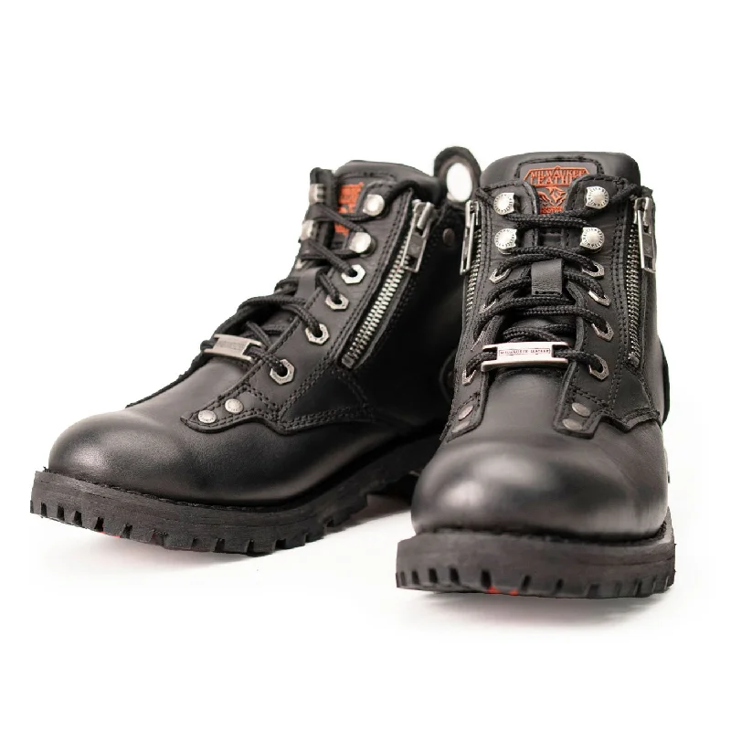 Everyday Outfits Milwaukee Leather MBL9335 Women's Premium Black Leather Low Cut Lace-Up Motorcycle Riding Boots w/ Zipper Closure