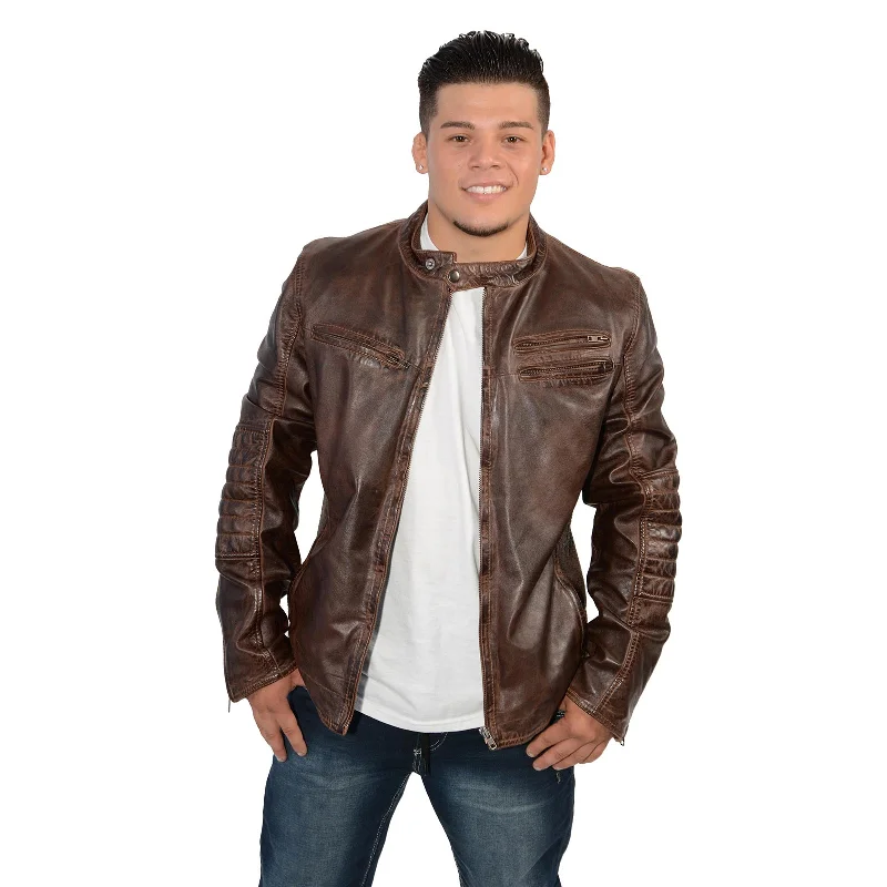 Free Design Milwaukee Leather SFM1805 Men's Brown Side Stitch Cafe Racer Lambskin Leather Jacket