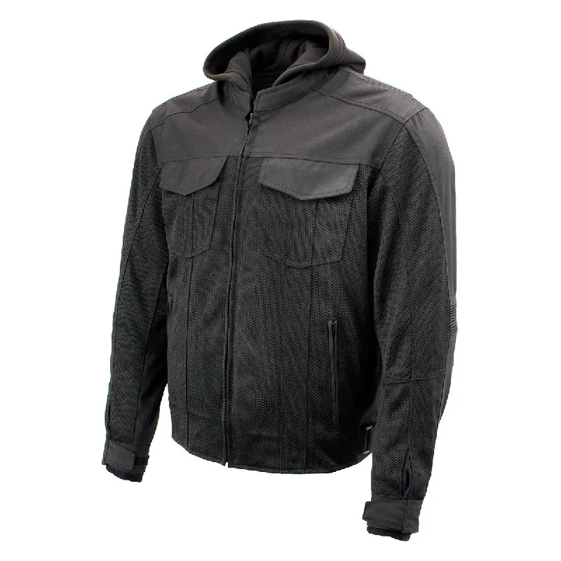 French Style Xelement B91033 Men's 'Requiem' Black Mesh Jacket with X-Armor and Removable Hoodie