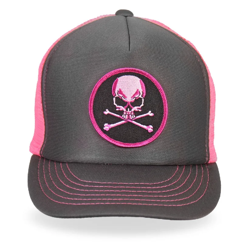 Fashion Must-have Hot Leathers GSH1011 Skull and Crossbones Grey and Pink Trucker Hat