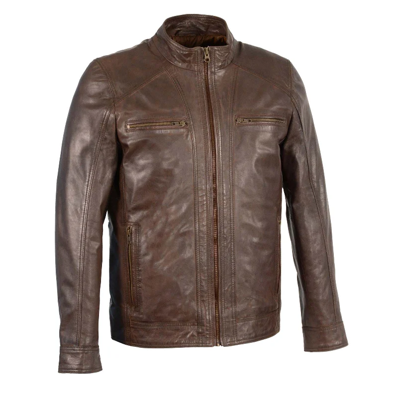 Casual Ease Milwaukee Leather Men's Broken Brown Leather Jacket with Front Zipper Closure SFM1860
