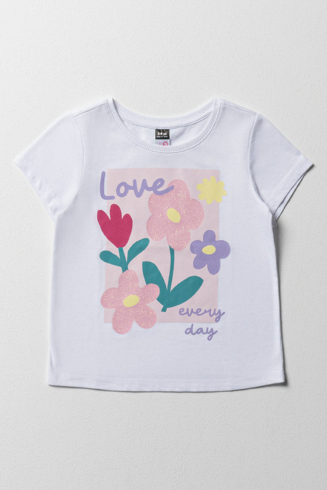 Breathable Comfort Flower Short Sleeve T-Shirt White