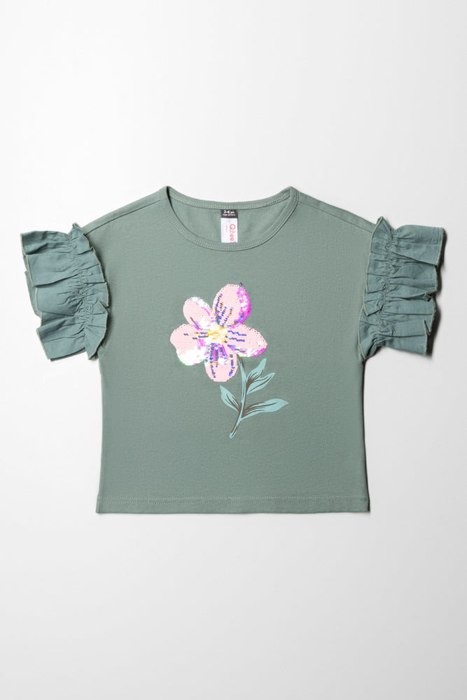 High-quality Fabrics Sequin Flower Top Green