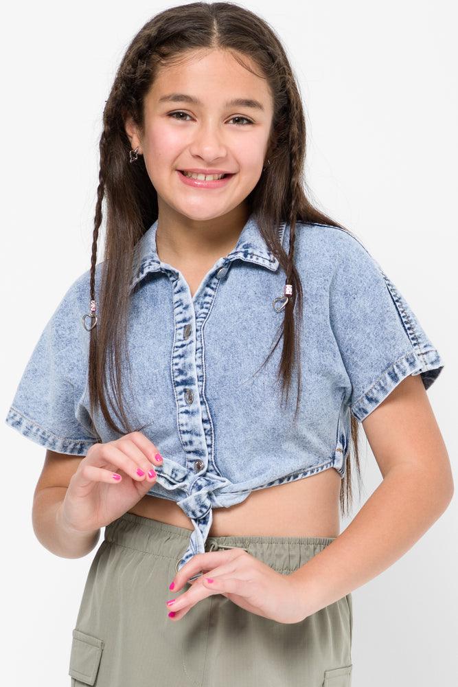 Fashionable And Fashionable Denim Shirt With Tie Front Blue