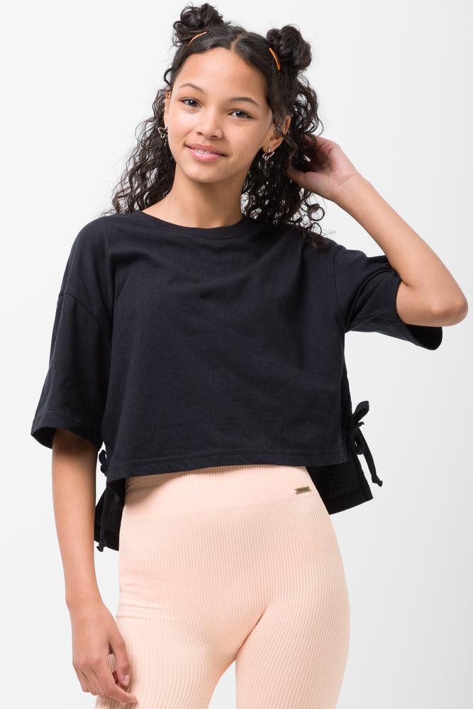 Goddess Outfit Crop Boxy Side Tie Short Sleeve T-Shirt Black