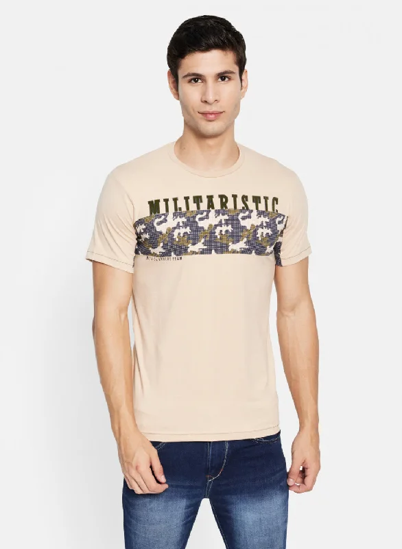 Breathable Design Mens Peach Printed T-Shirt