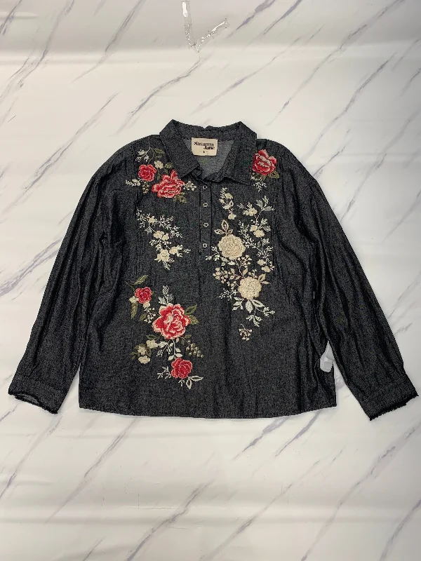 Practical Style Top Long Sleeve By Savanna Jane In Blue Denim, Size: L