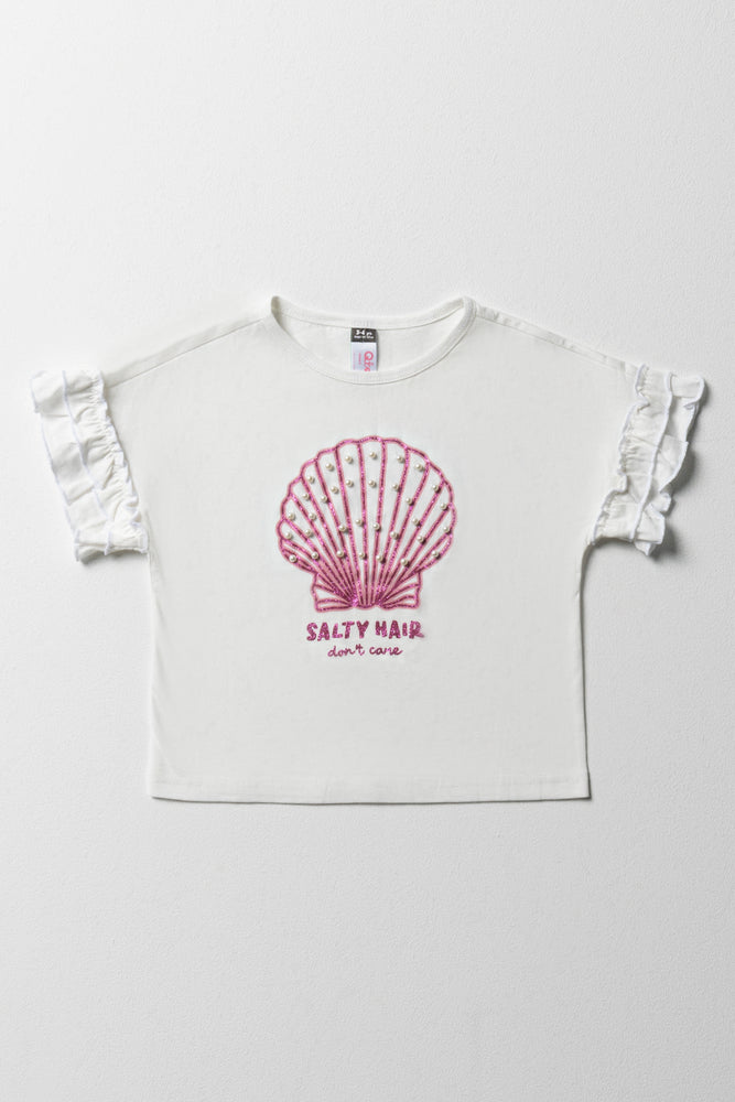 Free Design Pearl Shell Frill Sleeve T-Shirt White
