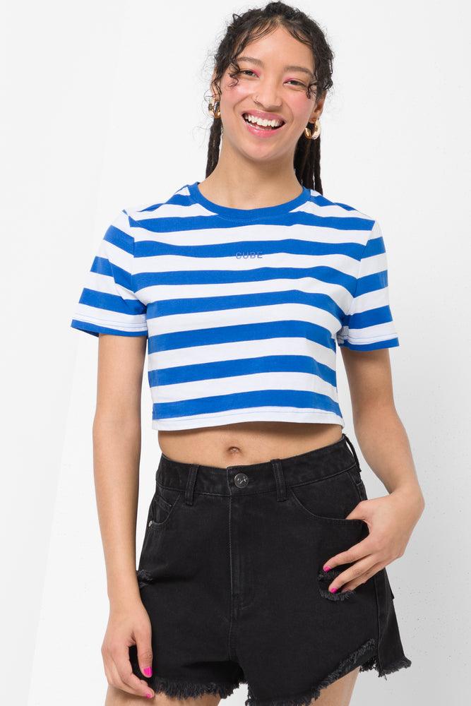 Modern Tailoring Stripe Cropped Short Sleeve T-Shirt Blue