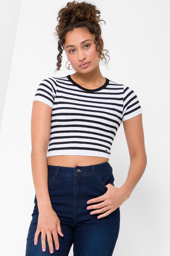 French Style Seamless Stripe Cropped Short Sleeve T-Shirt Black & White