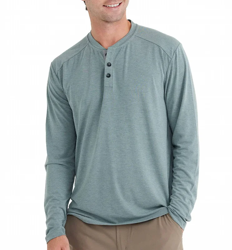 Fresh And Capable Men's Bamboo Flex Henley Top In Heather Juniper