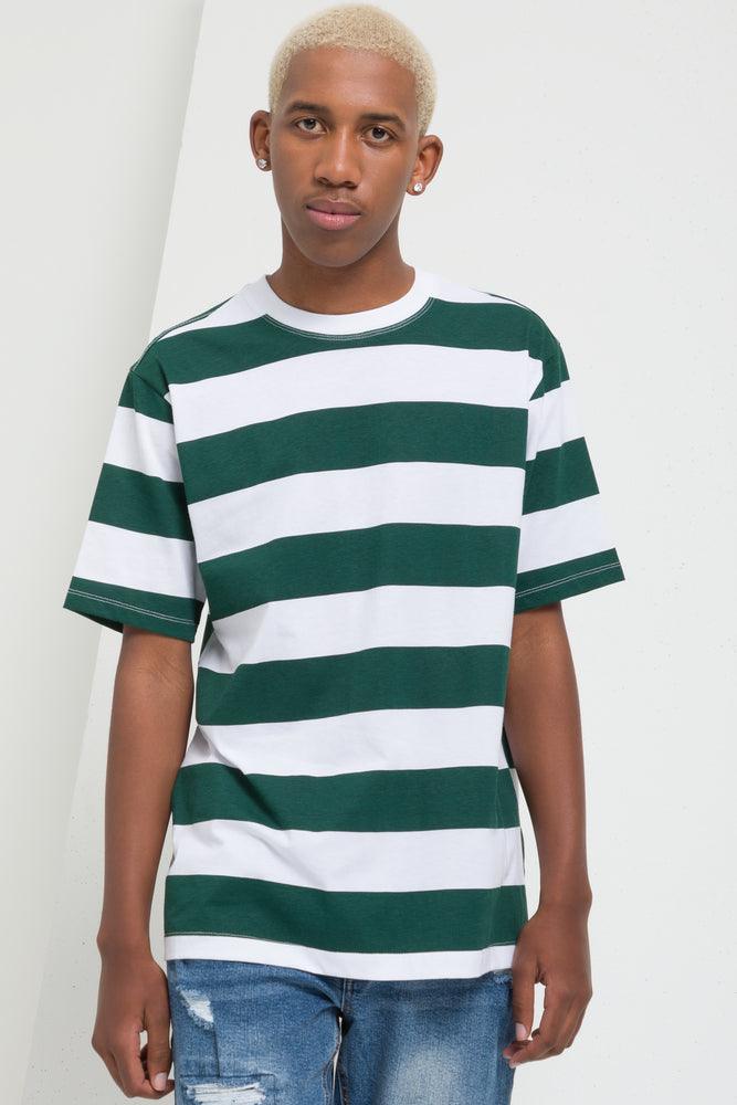 Avant-garde Design Stripe Short Sleeve T-Shirt Green & White