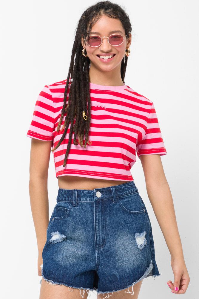 Boutique Recommendation Stripe Cropped Short Sleeve T-Shirt Pink