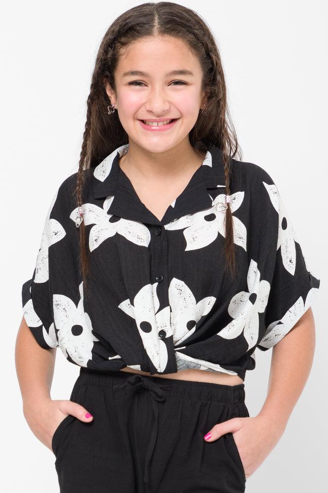Exquisite Design Flower Knot Short Sleeve Shirt Black & White