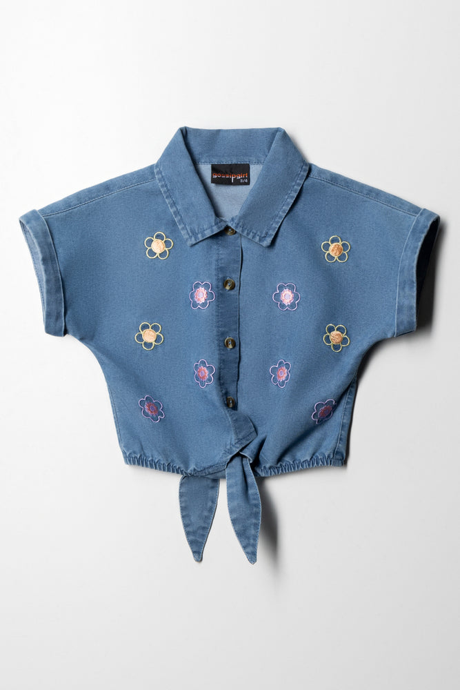 Single-shoulder Neck Design Flower Denim Shirt Blue