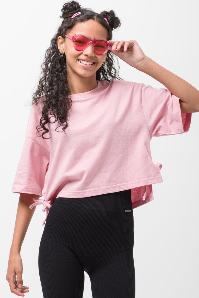 Fashion Design Crop Boxy Side Tie T-Shirt Pink