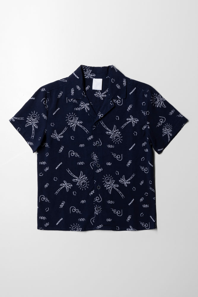 Basic Comfort Short Sleeve Resort Collar Viscose Shirt Navy