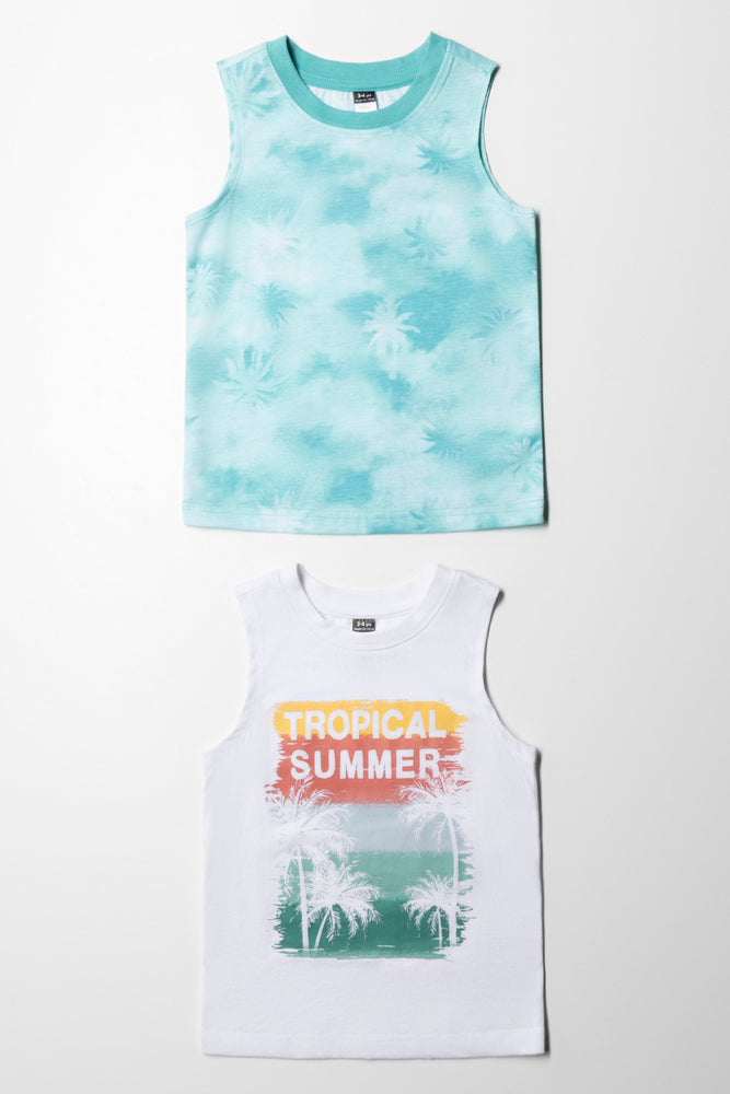 Cozy Fit Wear 2 Pack Tropical Sleeveless T-Shirts White And Blue