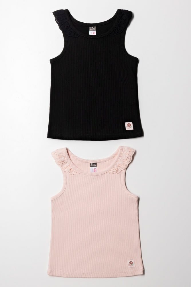 Elegant And Elegant 2Pk Sleeveless Vest Rib With Frill Neckline Black