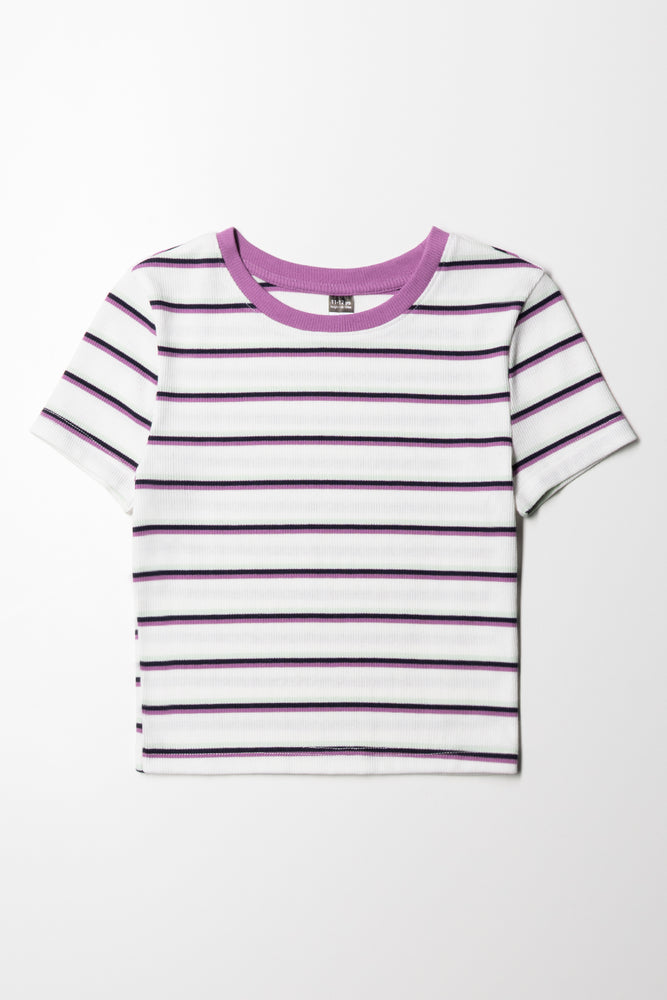 Comfortable And Versatile Stripe Short Sleeve T-Shirt Purple & White