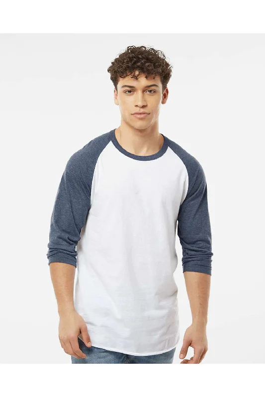Classic Style Tultex Mens Fine Jersey Raglan 3/4 Sleeve Crewneck T-Shirt - White/Heather Denim Blue