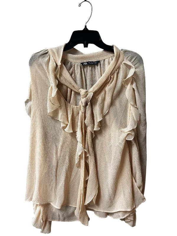 Casual Fit Wear Top Long Sleeve By Zara In Beige, Size: M