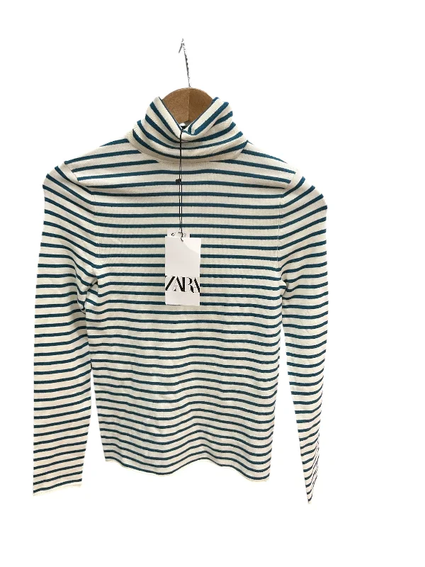 British Style Top Long Sleeve By Zara In Blue & Cream, Size: M