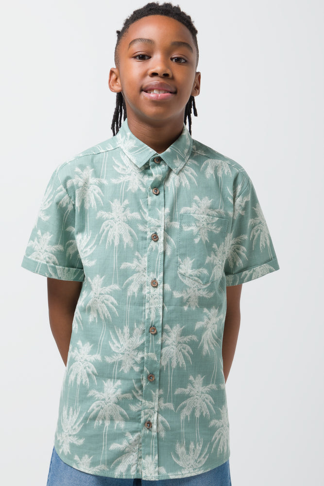 Fashion Must-have Palm Print Linen Shirt Sage